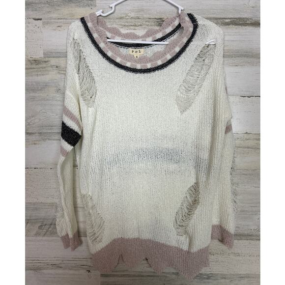POL women small lightweight boho distressed white sweater long sleeve stripe new - Picture 1 of 6